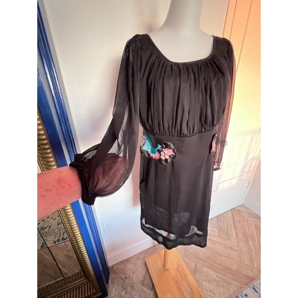 Desigual Black Dress EU 42 US L Peacock Embroidery Veil Sheer Sleeves Rochie - Picture 15 of 16